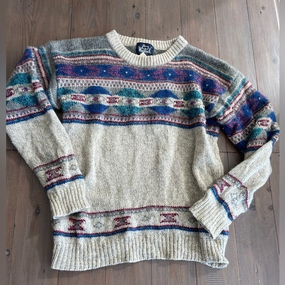 Vintage Geometric Woolrich Sweater 80s Grunge Grey Jacquard Prin - Picture 2 of 5